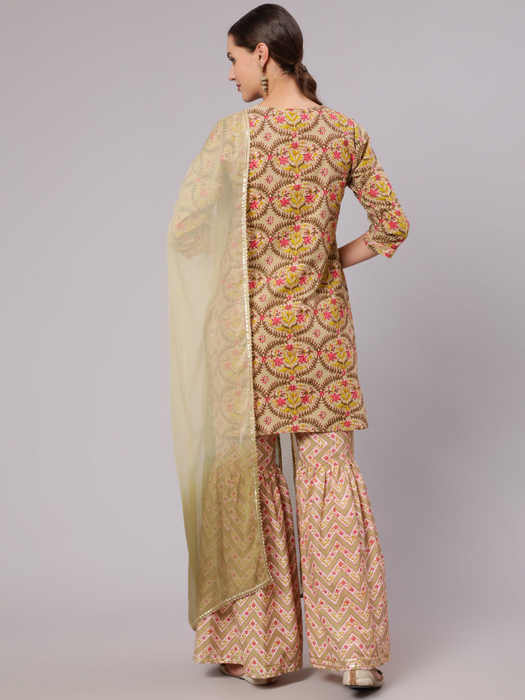A Short Beige Printed Cotton Gota Embellished Kurta With Printed Sharara And Chiffon Dupatta
