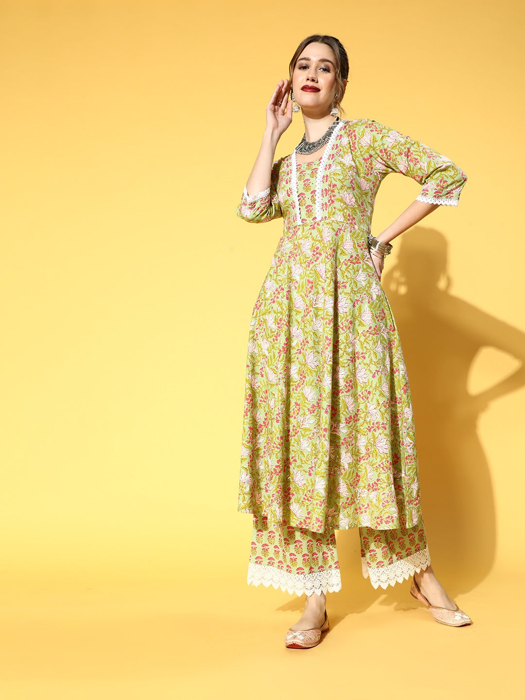 Green Cotton Printed Embellished Anarkali Kurta With Palazzo