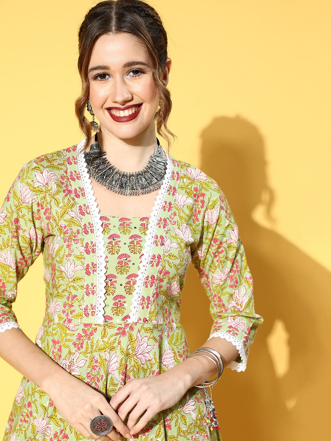 Green Cotton Printed Embellished Anarkali Kurta With Palazzo