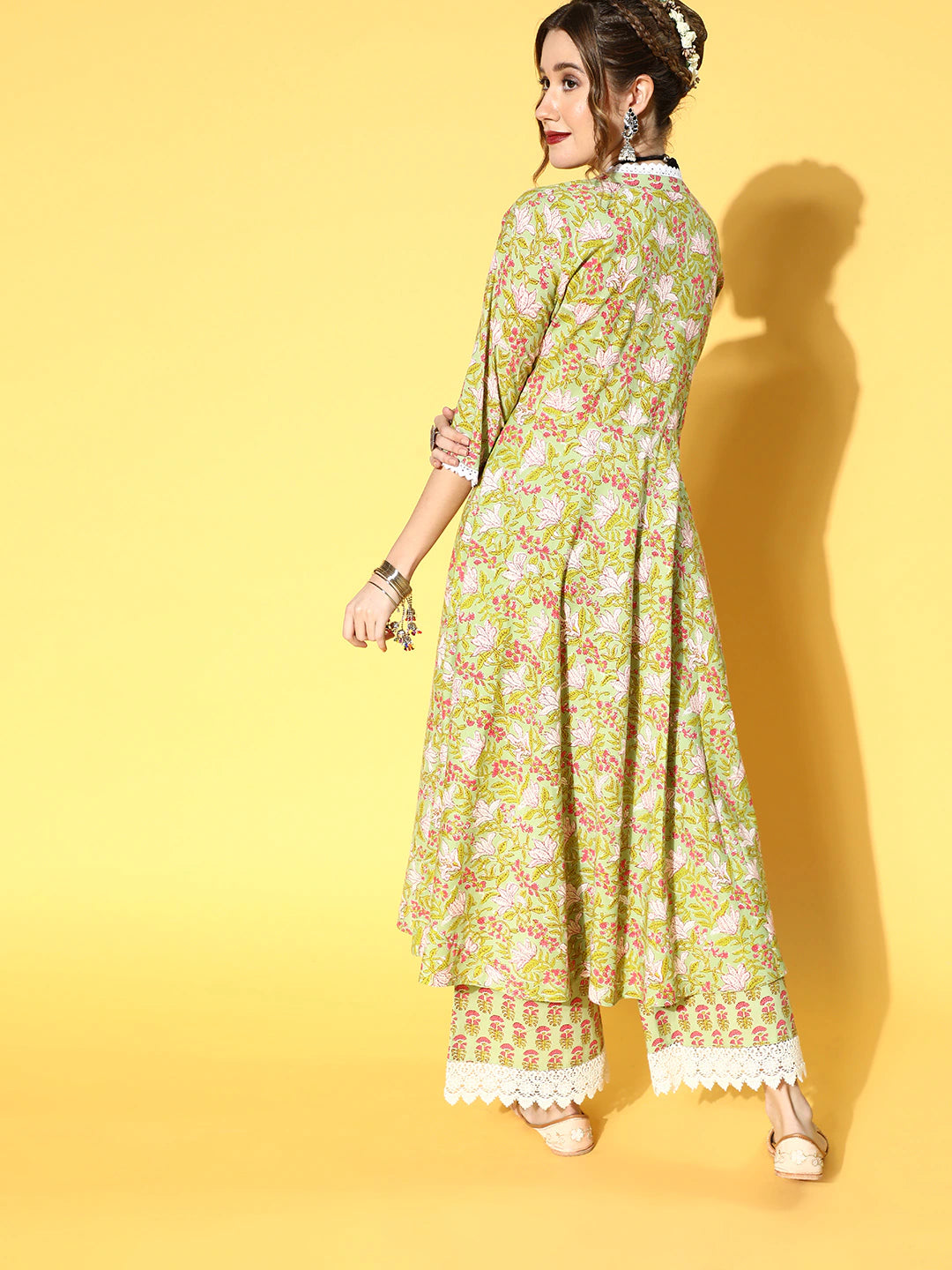 Green Cotton Printed Embellished Anarkali Kurta With Palazzo