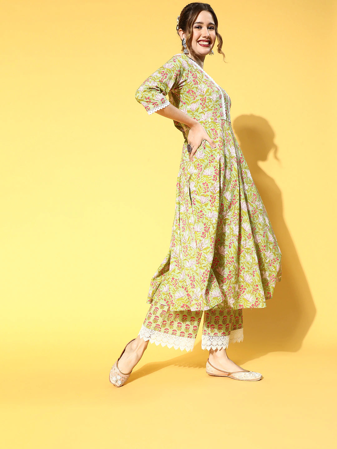 Green Cotton Printed Embellished Anarkali Kurta With Palazzo