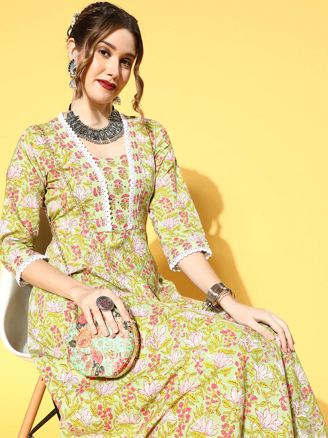 Green Cotton Printed Embellished Anarkali Kurta With Palazzo