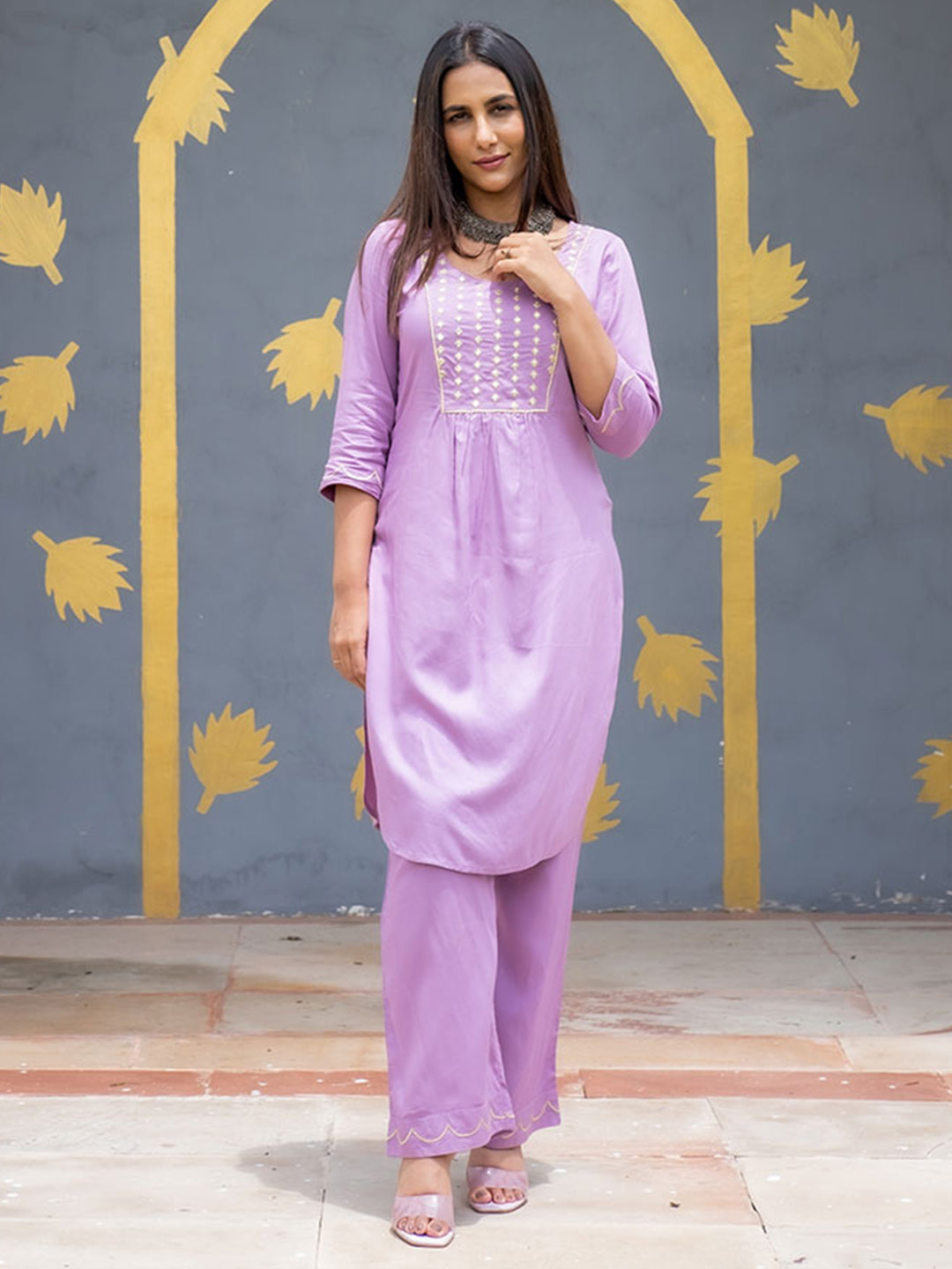 Purple Solid Embroidered Straight Rayon Kurta With Palazzos