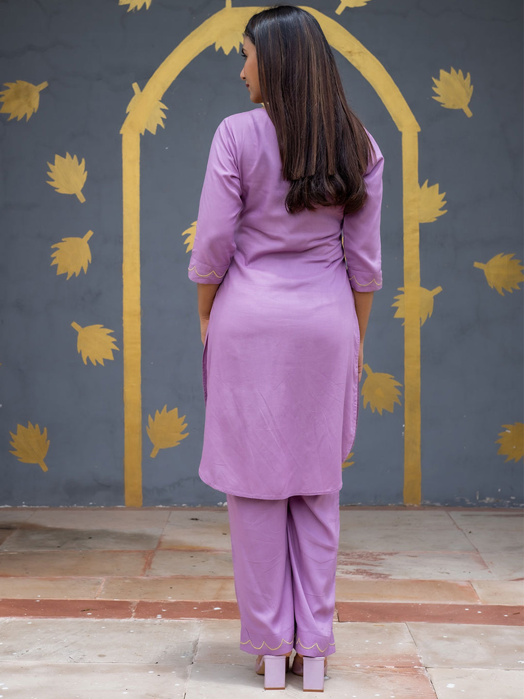 Purple Solid Embroidered Straight Rayon Kurta With Palazzos