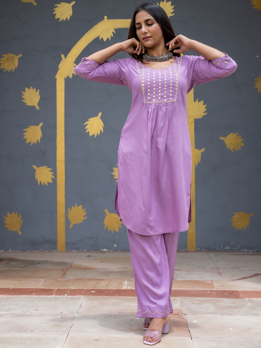 Purple Solid Embroidered Straight Rayon Kurta With Palazzos
