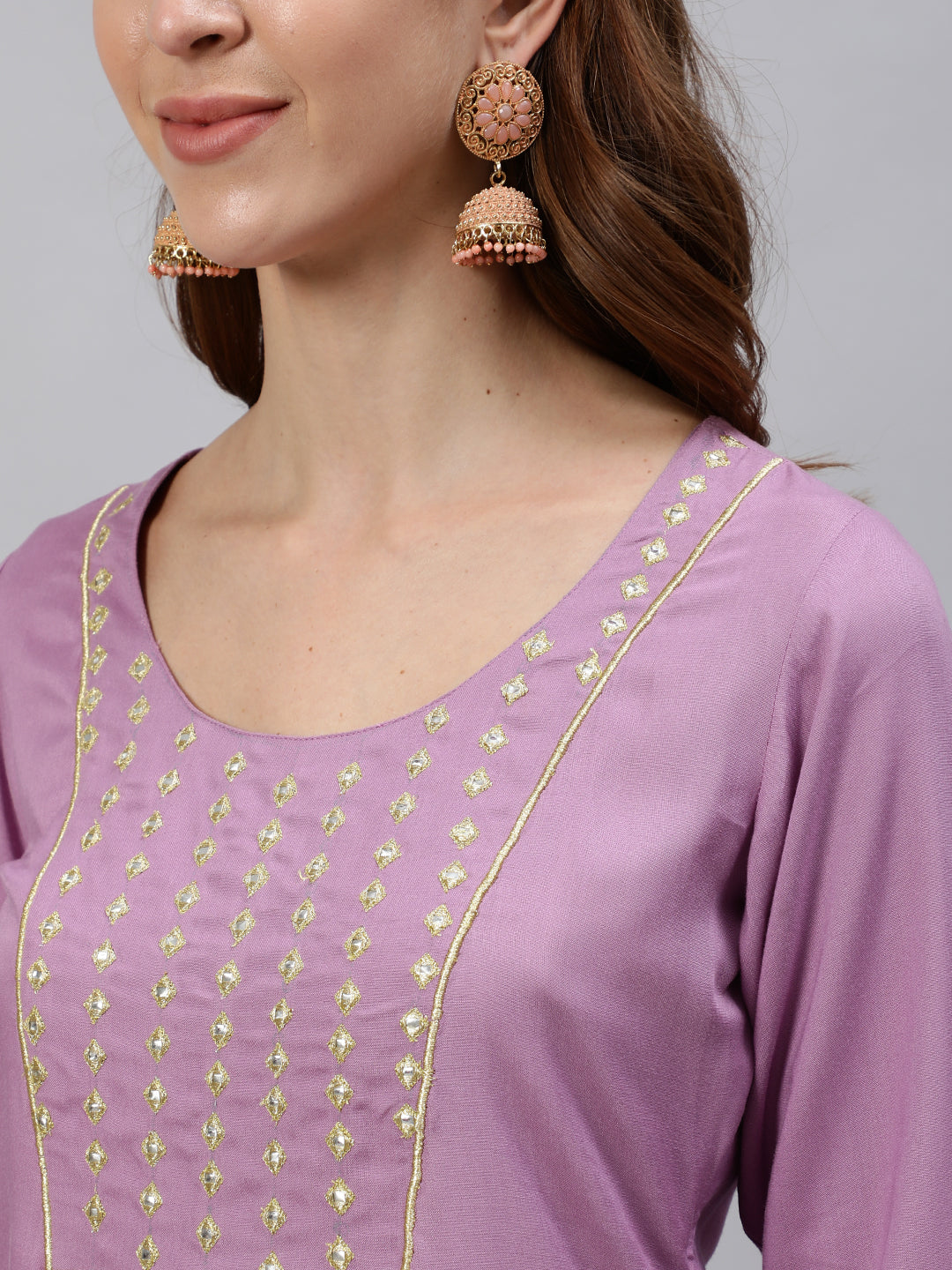 Purple Solid Embroidered Straight Rayon Kurta With Palazzos