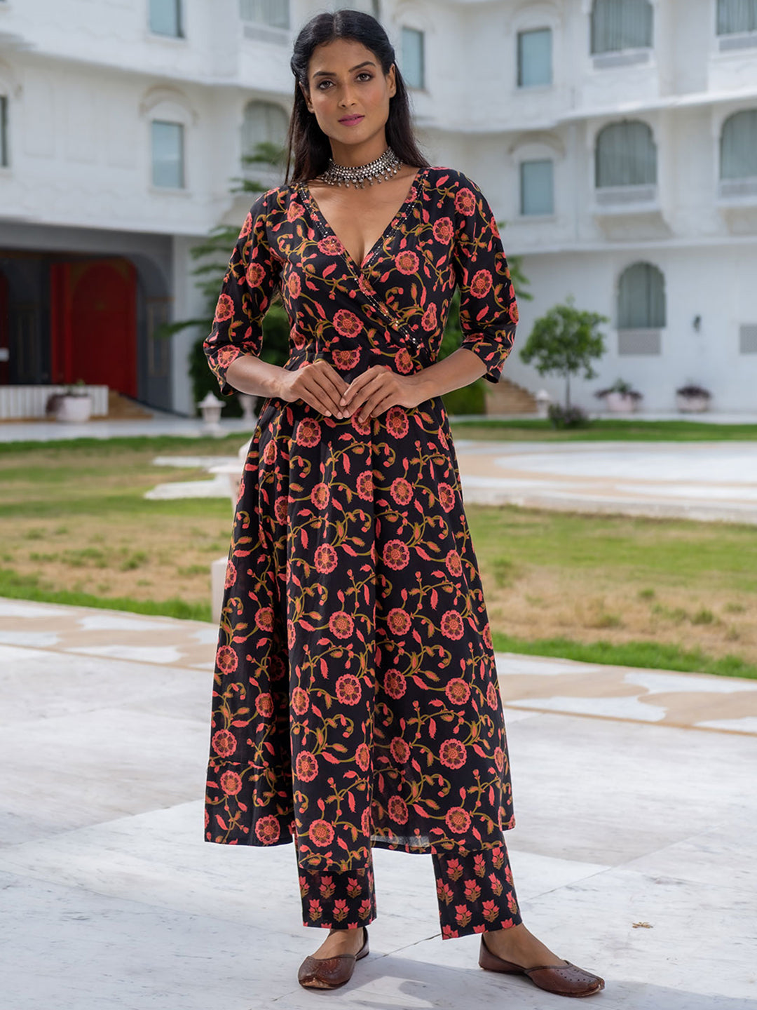 Black Ethnic Print Angrakha Style Flared Kurta With Palazzos