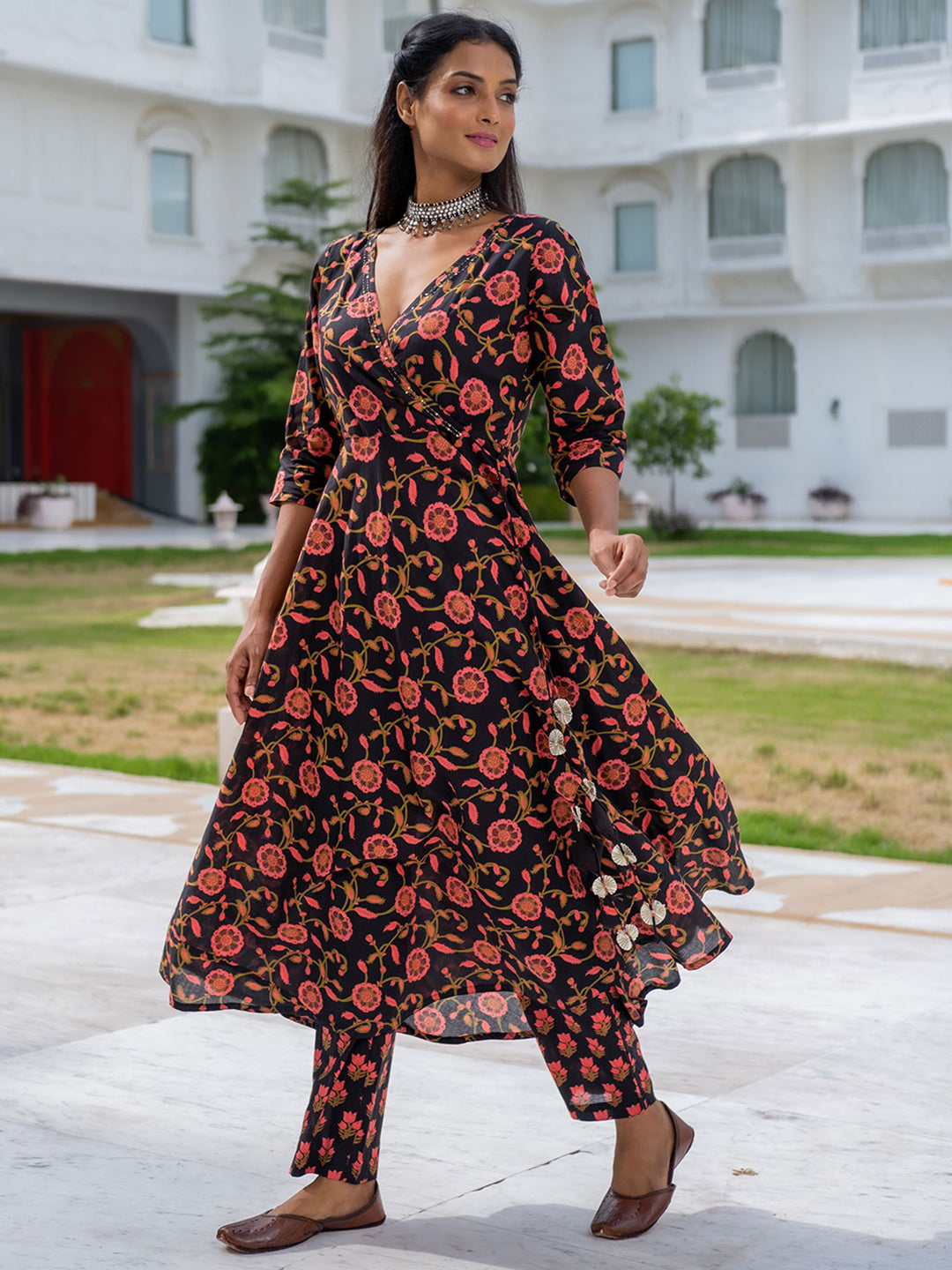 Black Ethnic Print Angrakha Style Flared Kurta With Palazzos