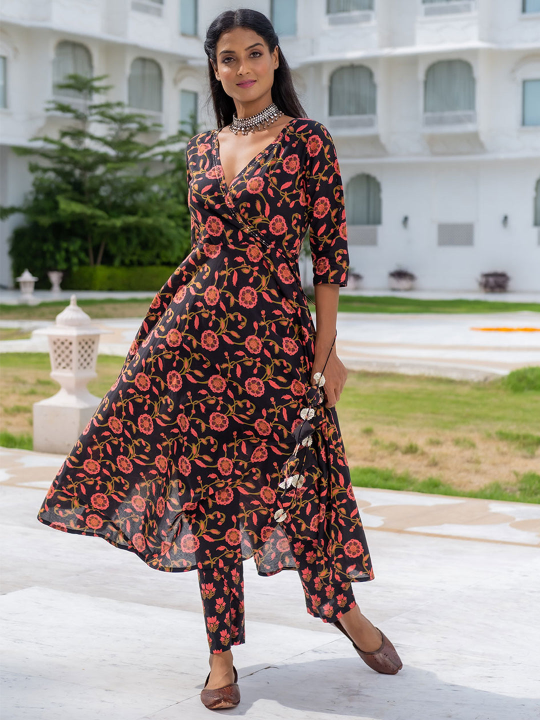 Black Ethnic Print Angrakha Style Flared Kurta With Palazzos