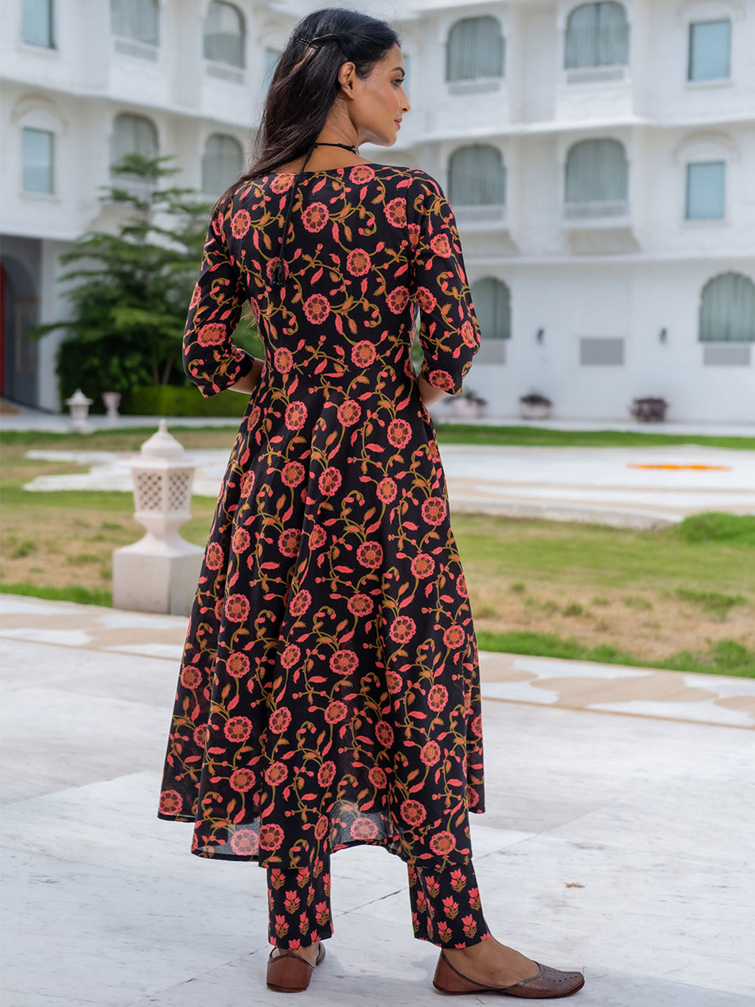 Black Ethnic Print Angrakha Style Flared Kurta With Palazzos