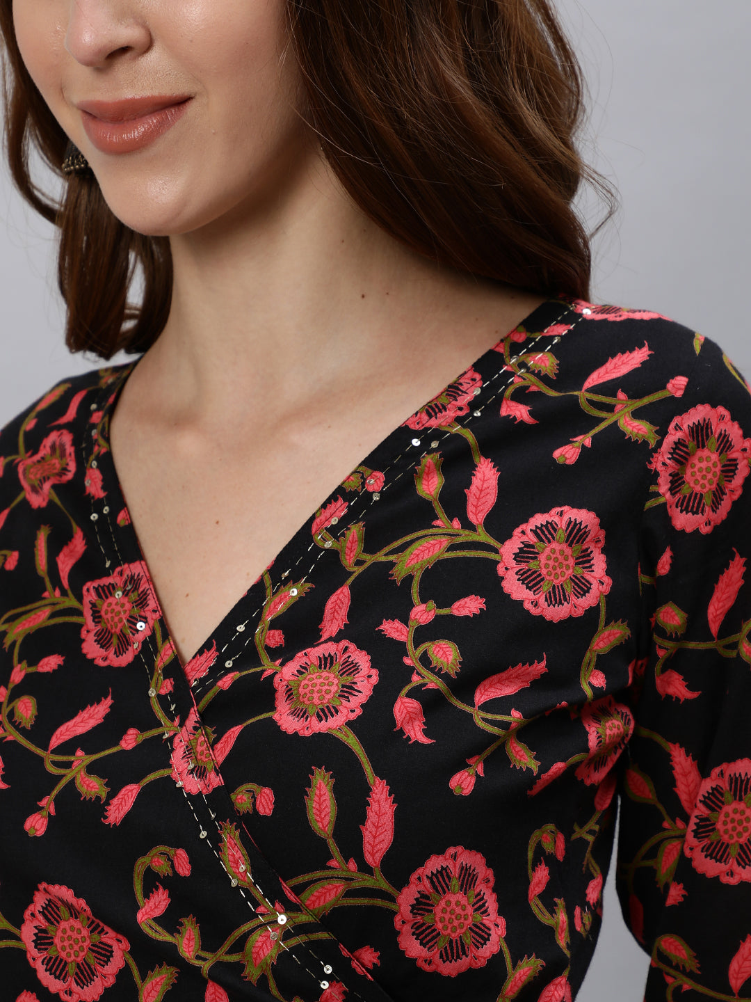 Black Ethnic Print Angrakha Style Flared Kurta With Palazzos