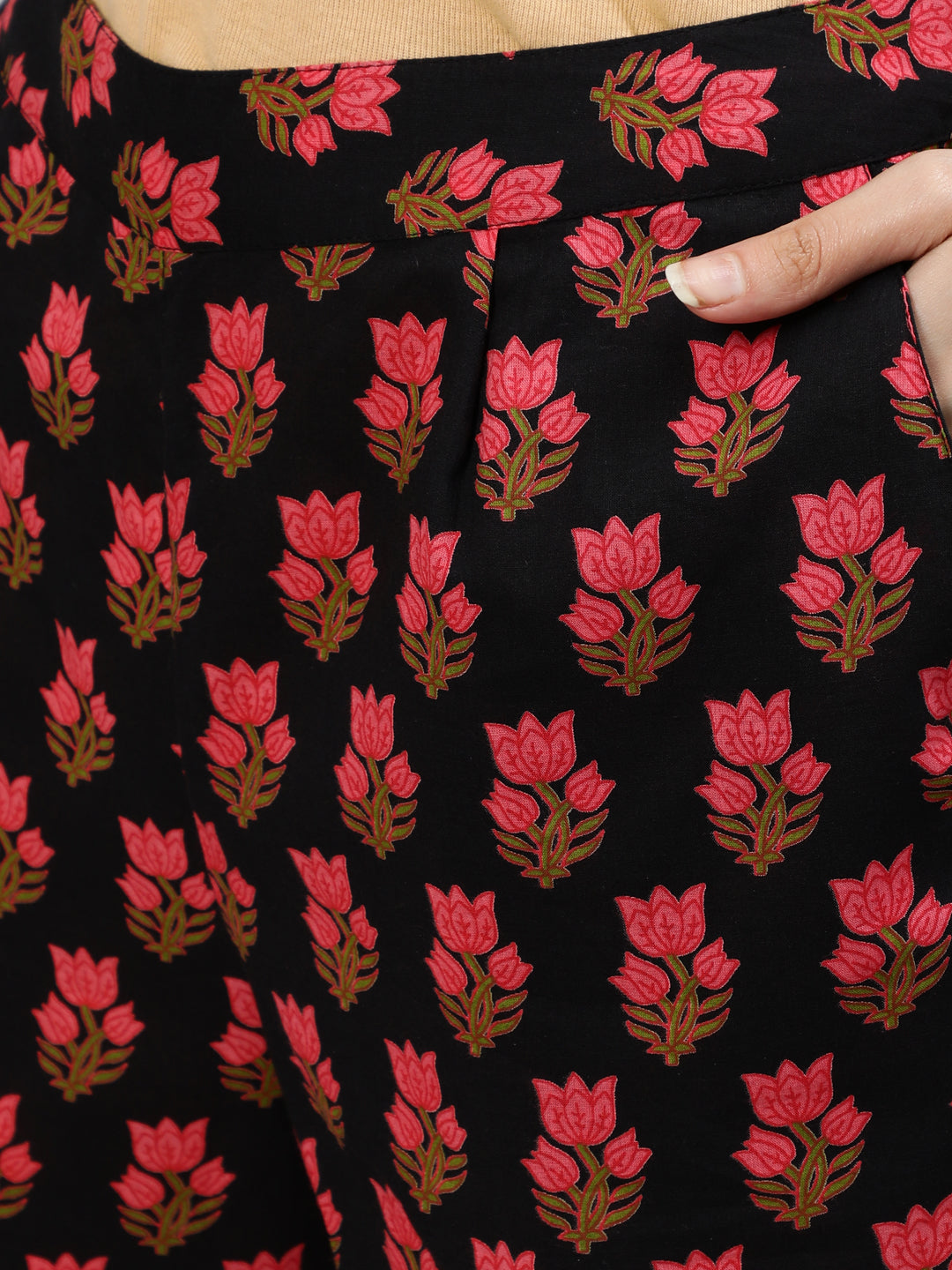 Black Ethnic Print Angrakha Style Flared Kurta With Palazzos