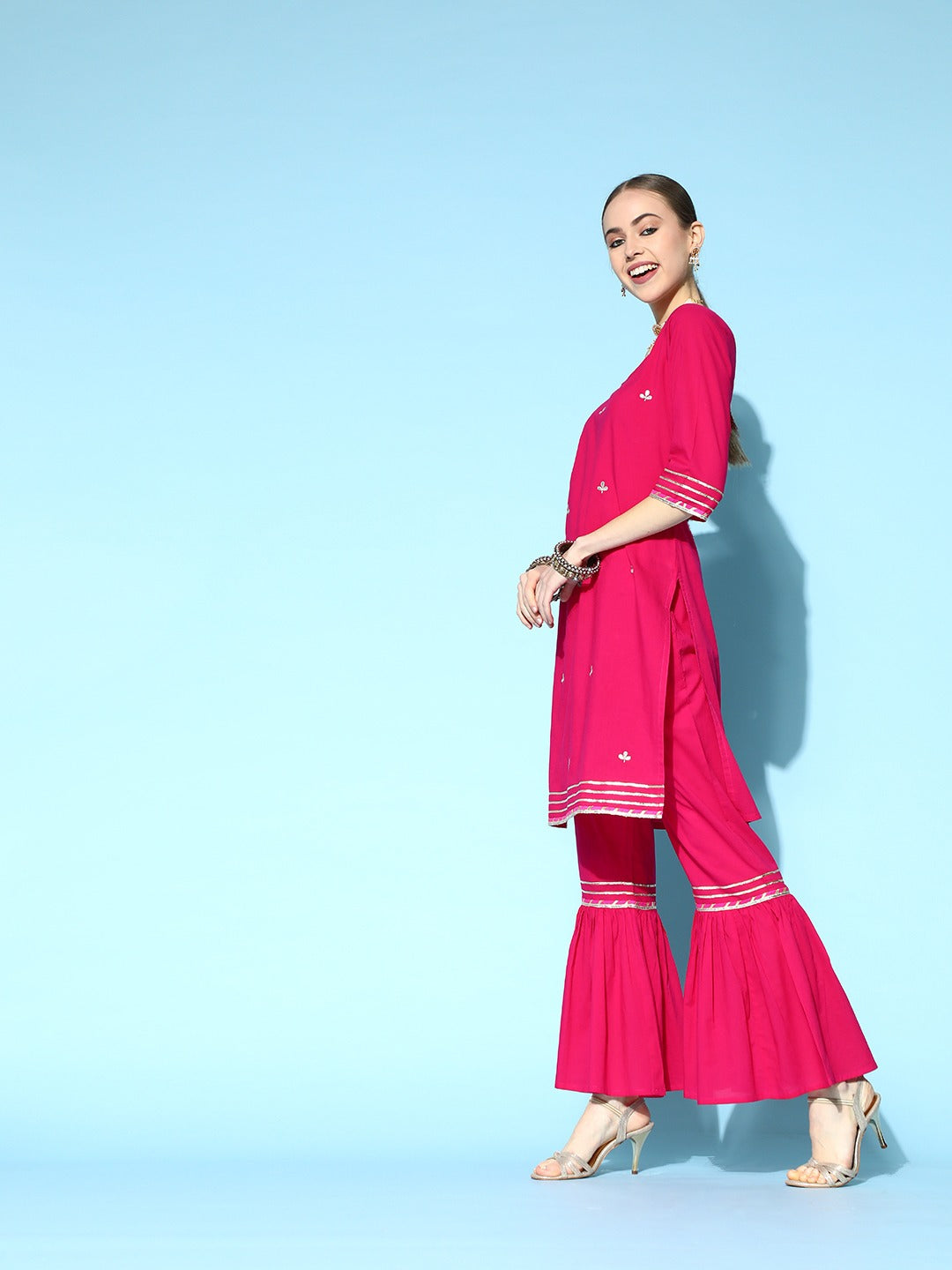 Pink Embroidered Kurta With Sharara And Dupatta