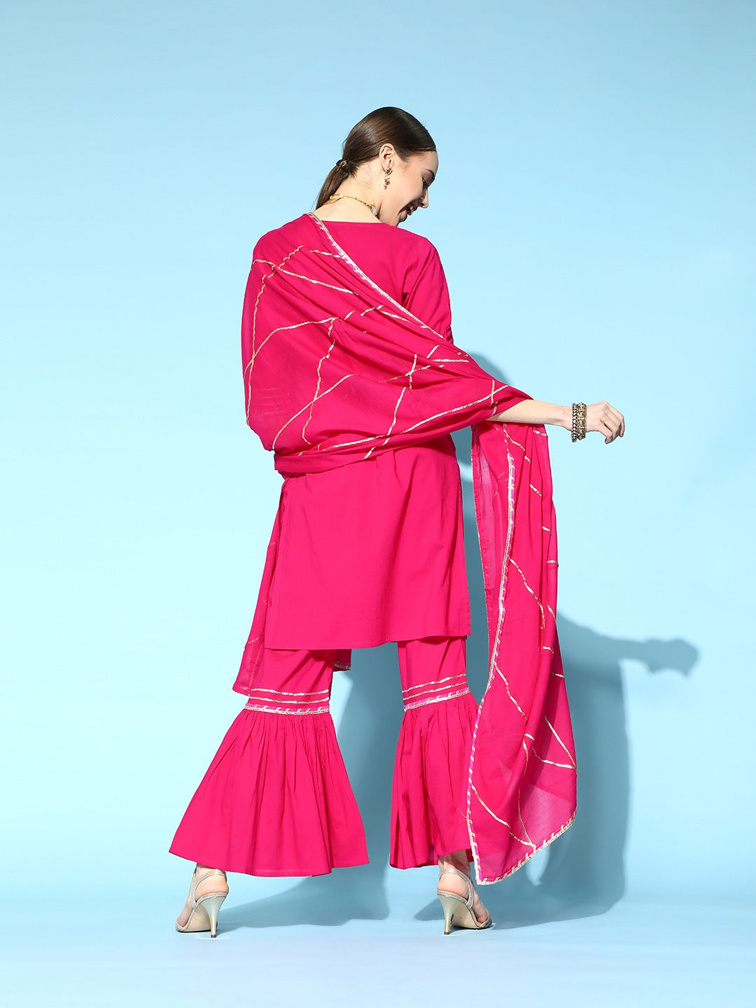 Pink Embroidered Kurta With Sharara And Dupatta