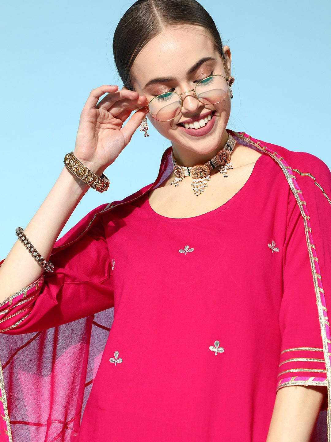 Pink Embroidered Kurta With Sharara And Dupatta