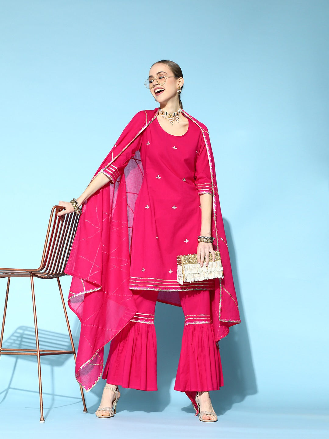 Pink Embroidered Kurta With Sharara And Dupatta
