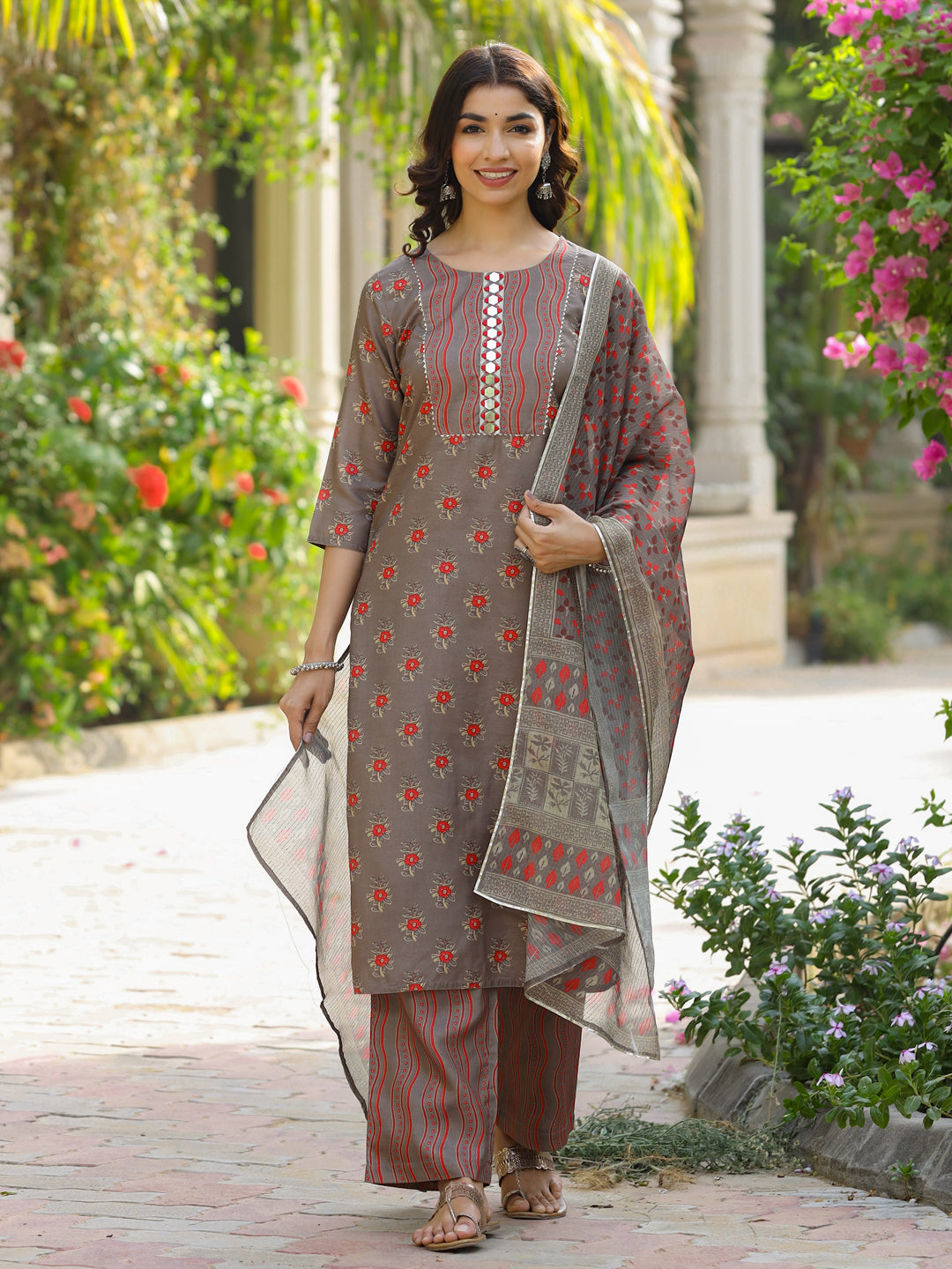 Silk Blend Digital Printed Mirror Work Kurta With Palazzo And Dupatta
