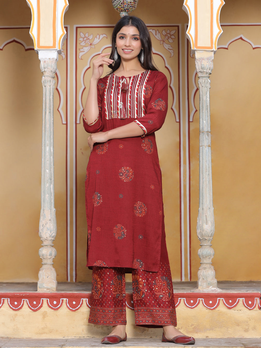 Maroon Printed Kurta With Palazzo