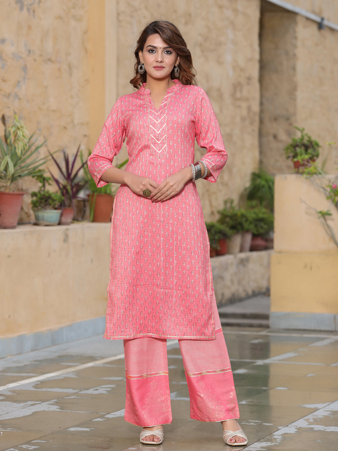 Printed Rayon Slub Straight Kurta With Palazzos