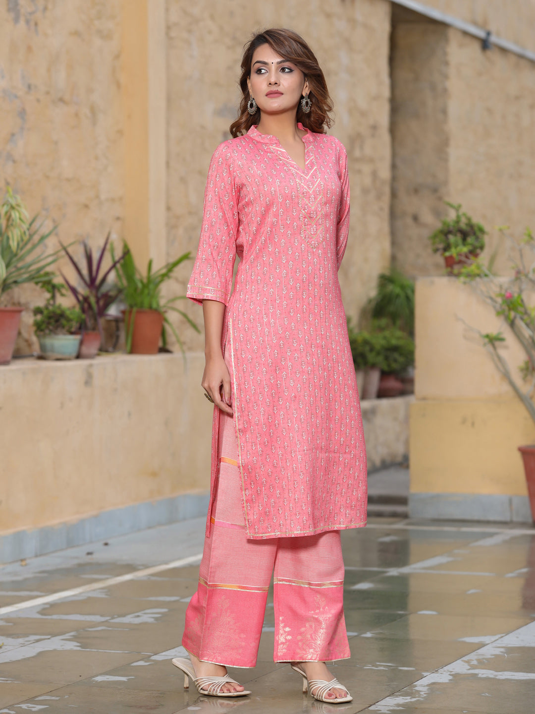 Printed Rayon Slub Straight Kurta With Palazzos