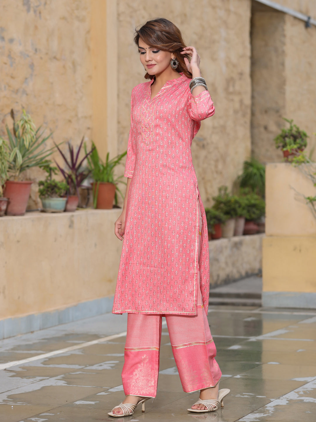 Printed Rayon Slub Straight Kurta With Palazzos