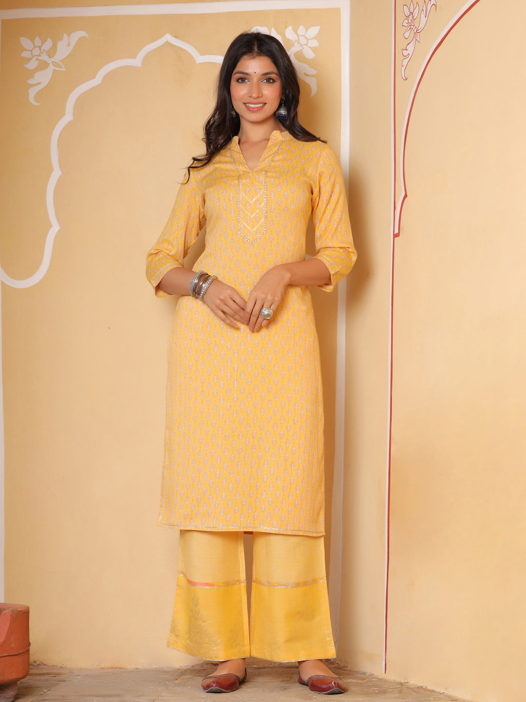 Printed Rayon Slub Straight Kurta With Palazzos