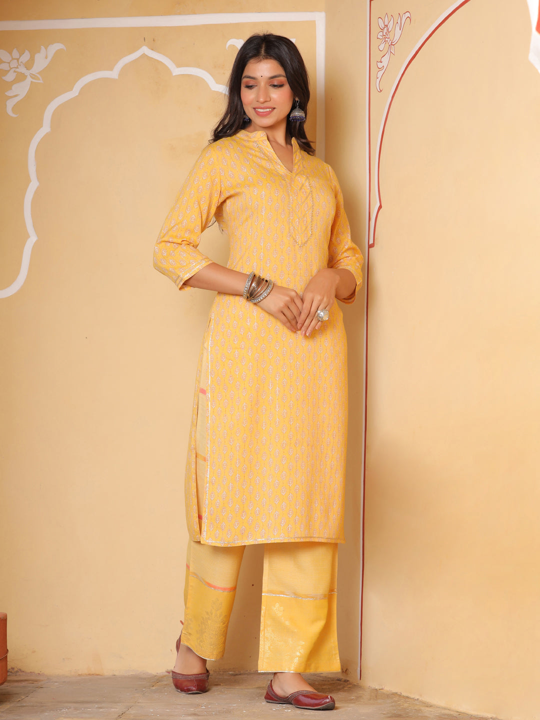 Printed Rayon Slub Straight Kurta With Palazzos
