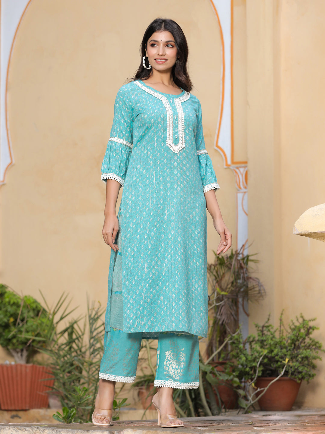 Blue Ethnic Motifs Print Straight Kurta With Palazzos