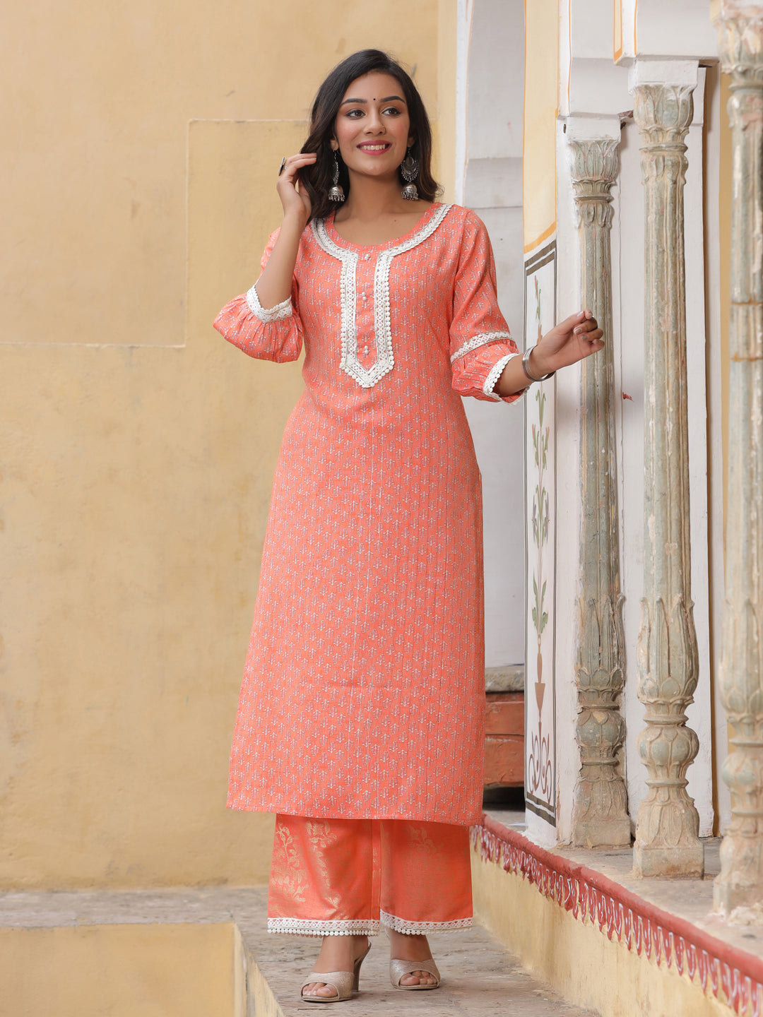 Orange Printed Kurta With Palazzo
