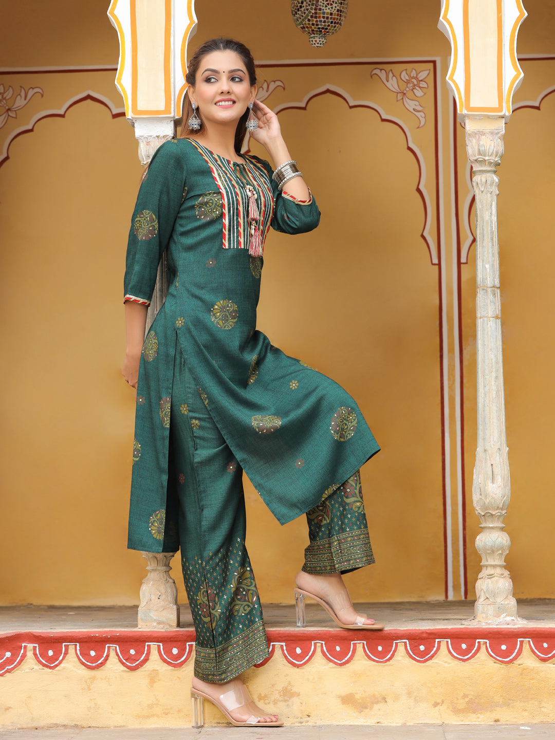 Green Printed Kurta With Palazzo