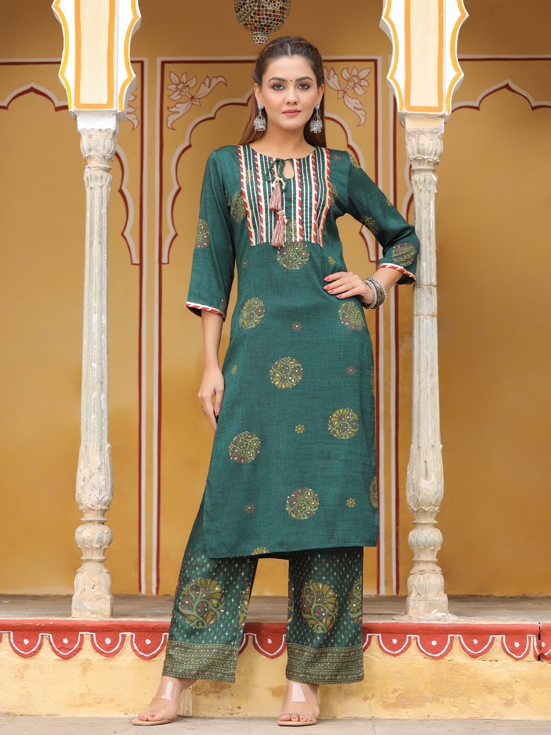 Green Printed Kurta With Palazzo