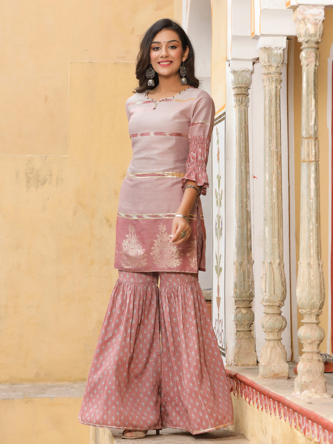 Mauve Printed Kurta With Sharara