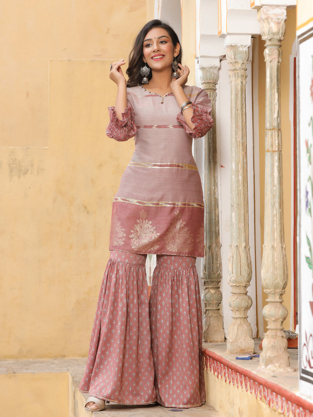 Mauve Printed Kurta With Sharara