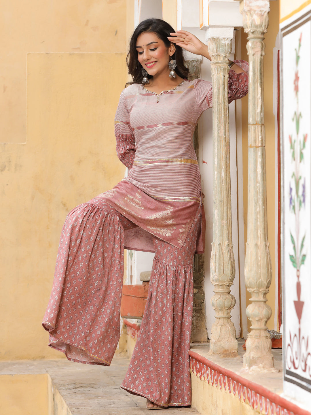 Mauve Printed Kurta With Sharara