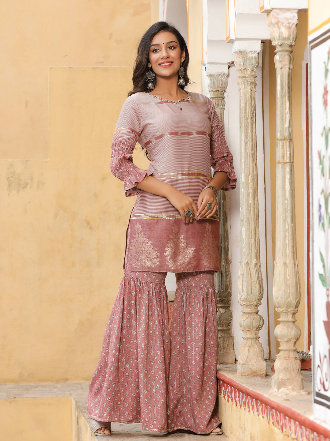 Mauve Printed Kurta With Sharara