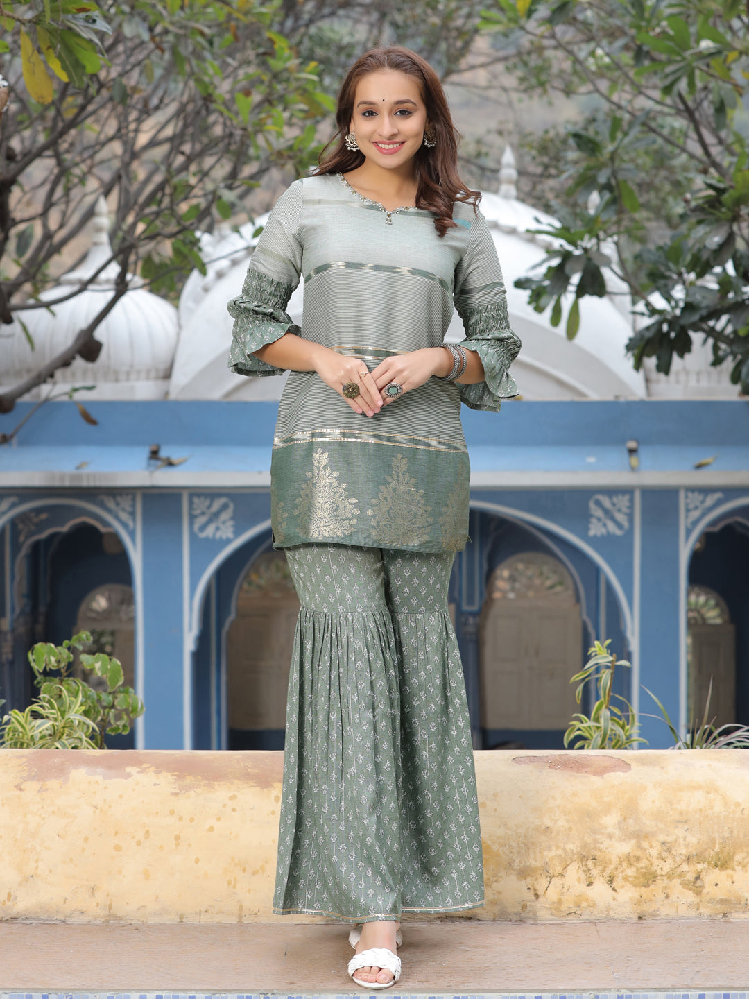 Olive Printed Kurta With Sharara