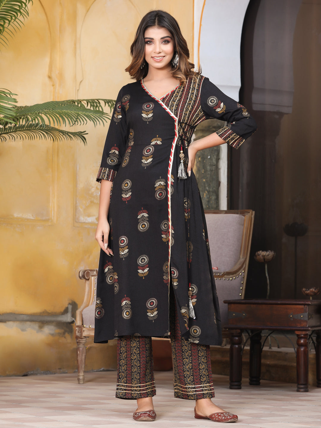 Black Rayon Slub Printed Kurta With Palazzo