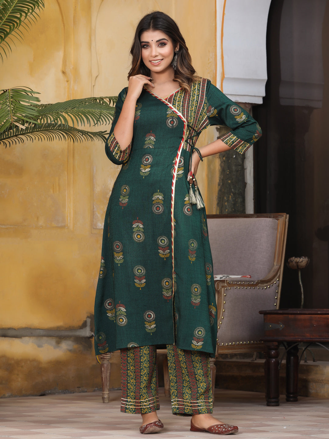 Green Rayon Slub Printed Kurta With Palazzo