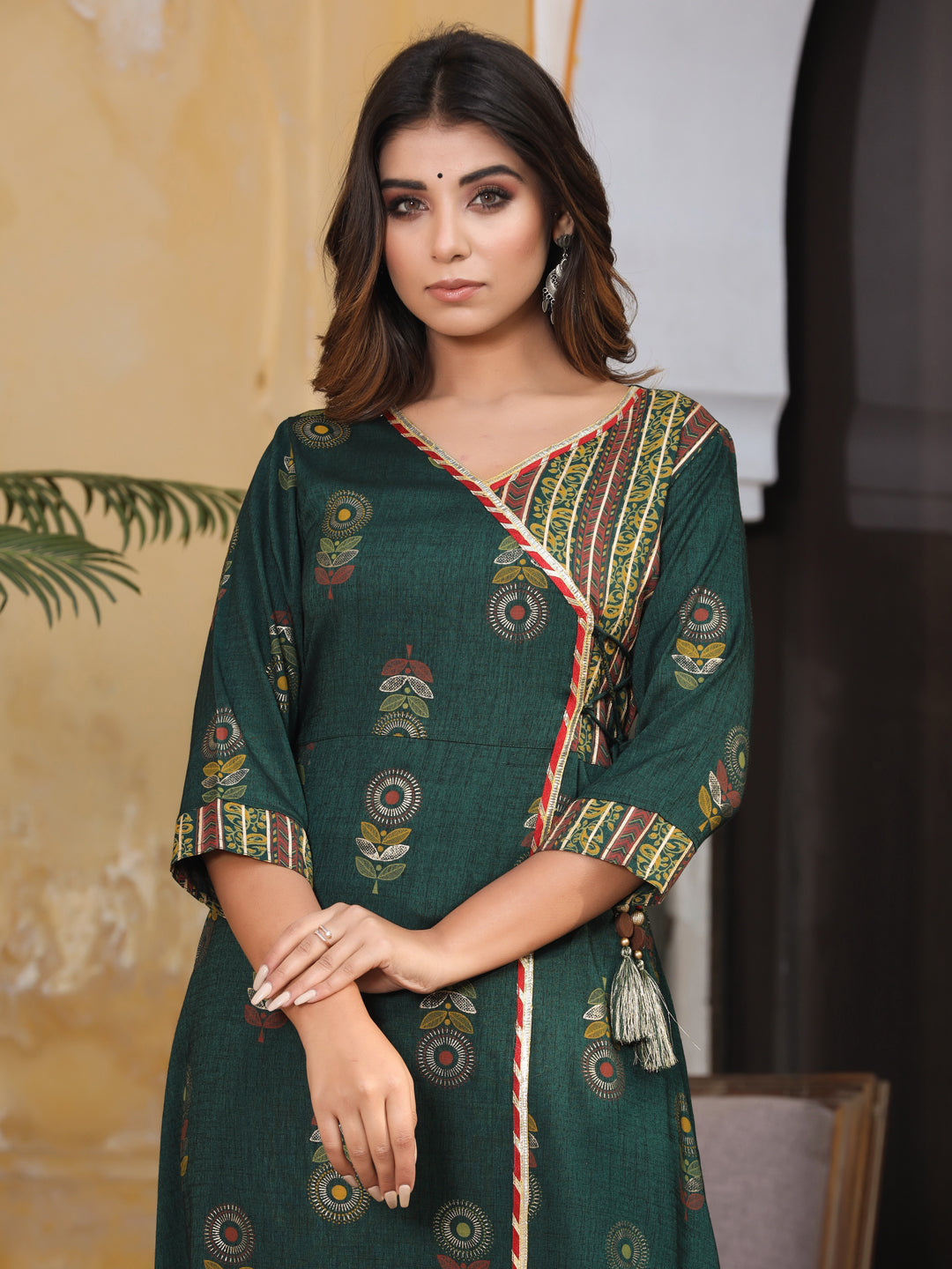 Green Rayon Slub Printed Kurta With Palazzo