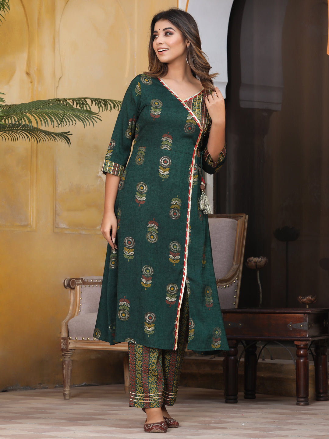 Green Rayon Slub Printed Kurta With Palazzo