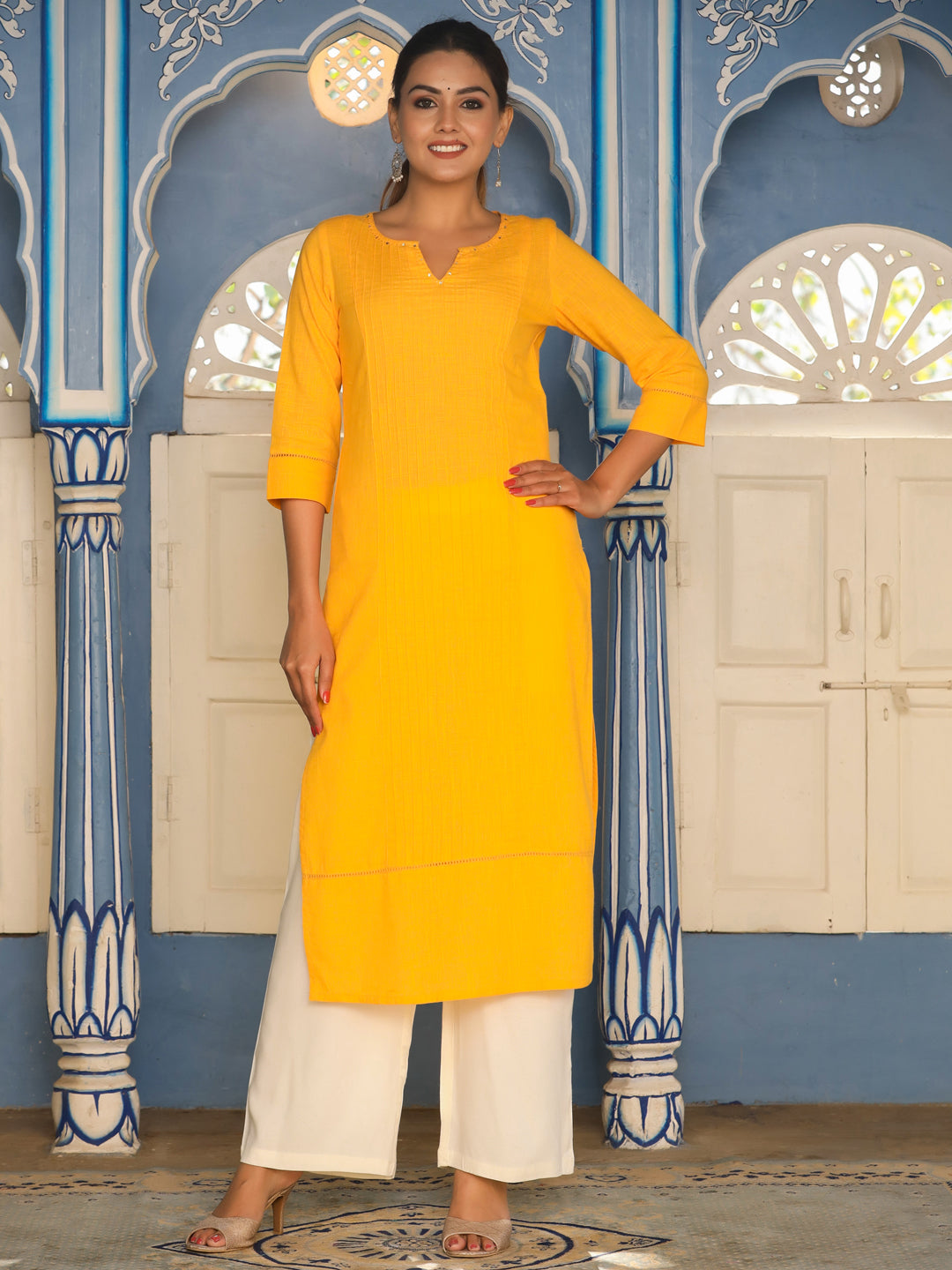 Mustard Cotton Pin Tucks Straight Kurta With Palazzo
