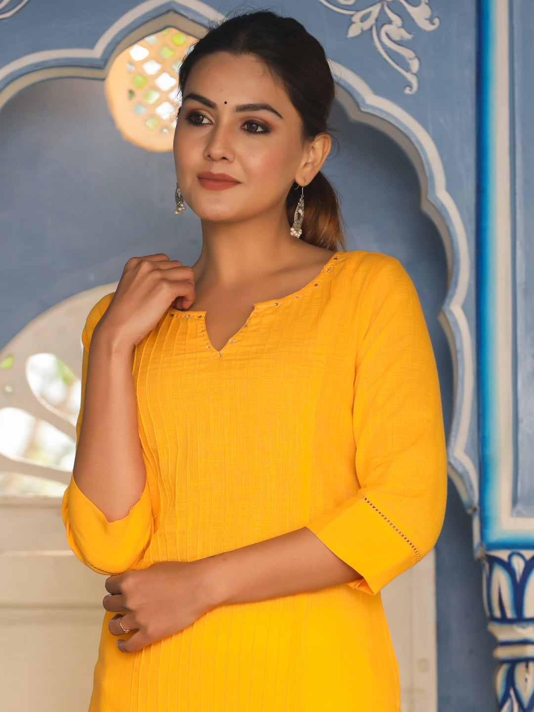 Mustard Cotton Pin Tucks Straight Kurta With Palazzo