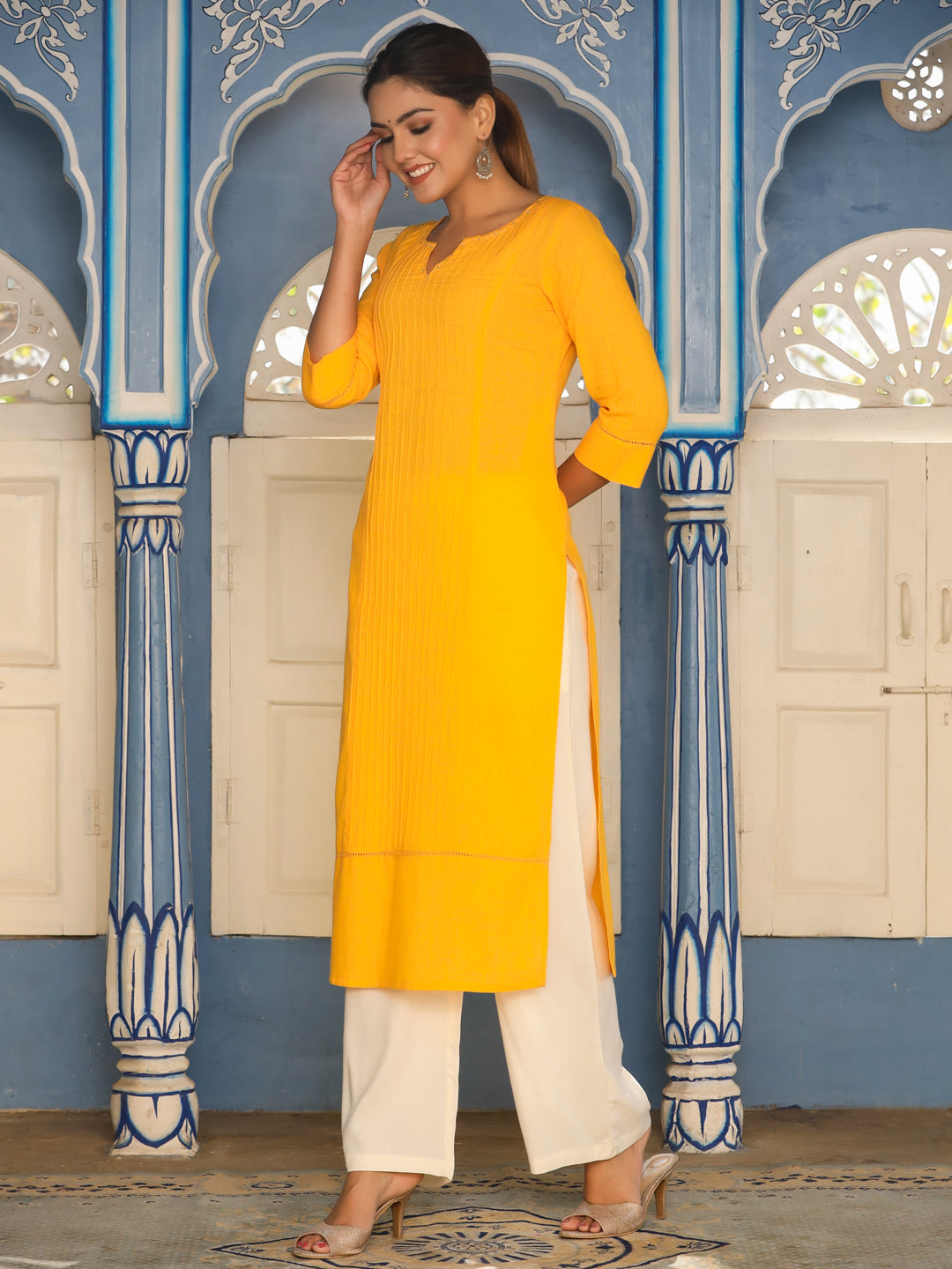 Mustard Cotton Pin Tucks Straight Kurta With Palazzo