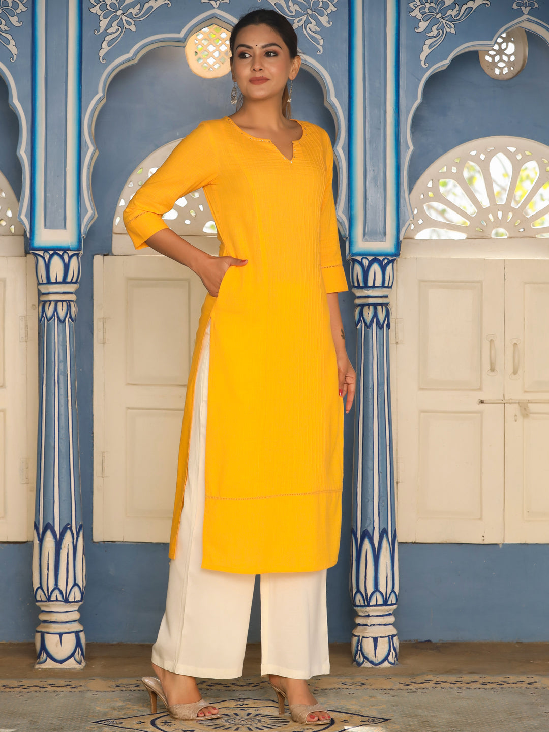 Mustard Cotton Pin Tucks Straight Kurta With Palazzo