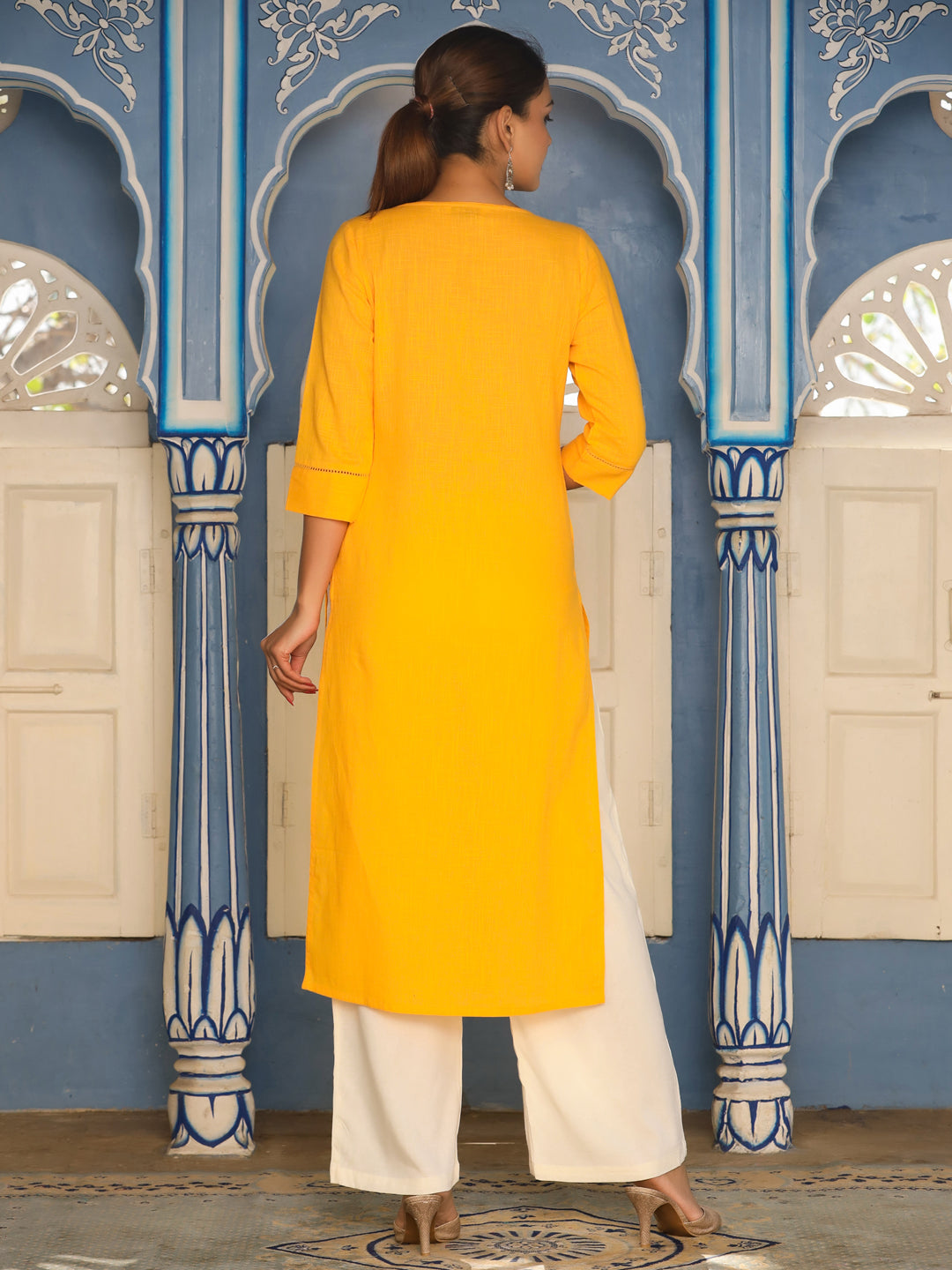 Mustard Cotton Pin Tucks Straight Kurta With Palazzo