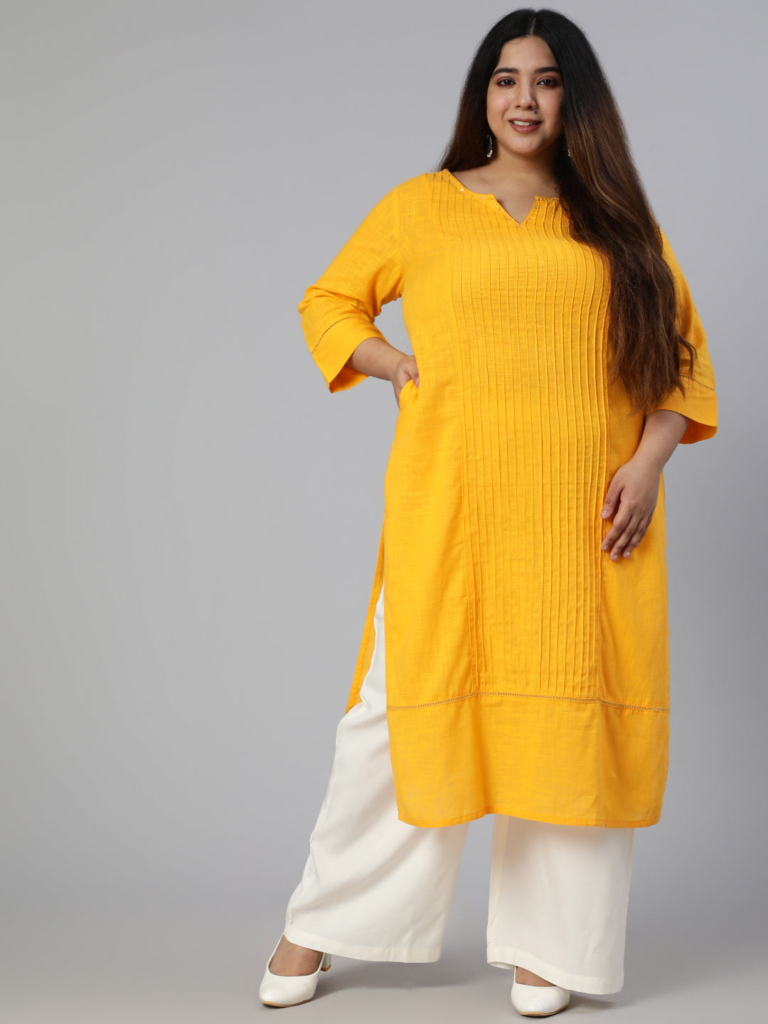 Mustard Cotton Pin Tucks Straight Kurta With Palazzo