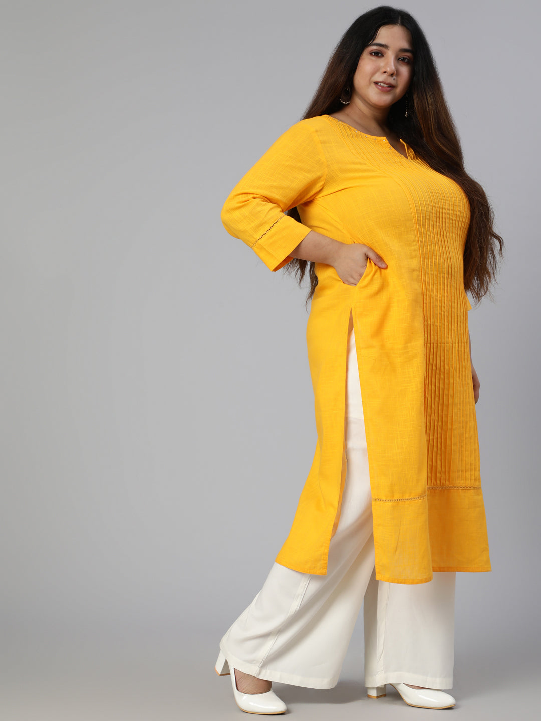Mustard Cotton Pin Tucks Straight Kurta With Palazzo