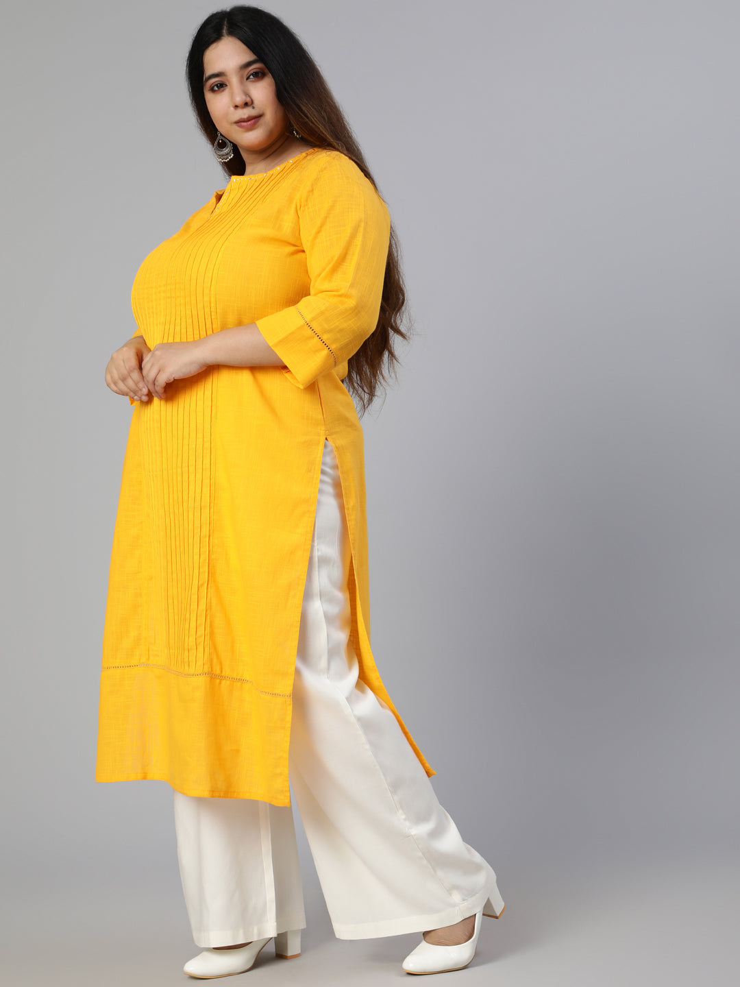 Mustard Cotton Pin Tucks Straight Kurta With Palazzo
