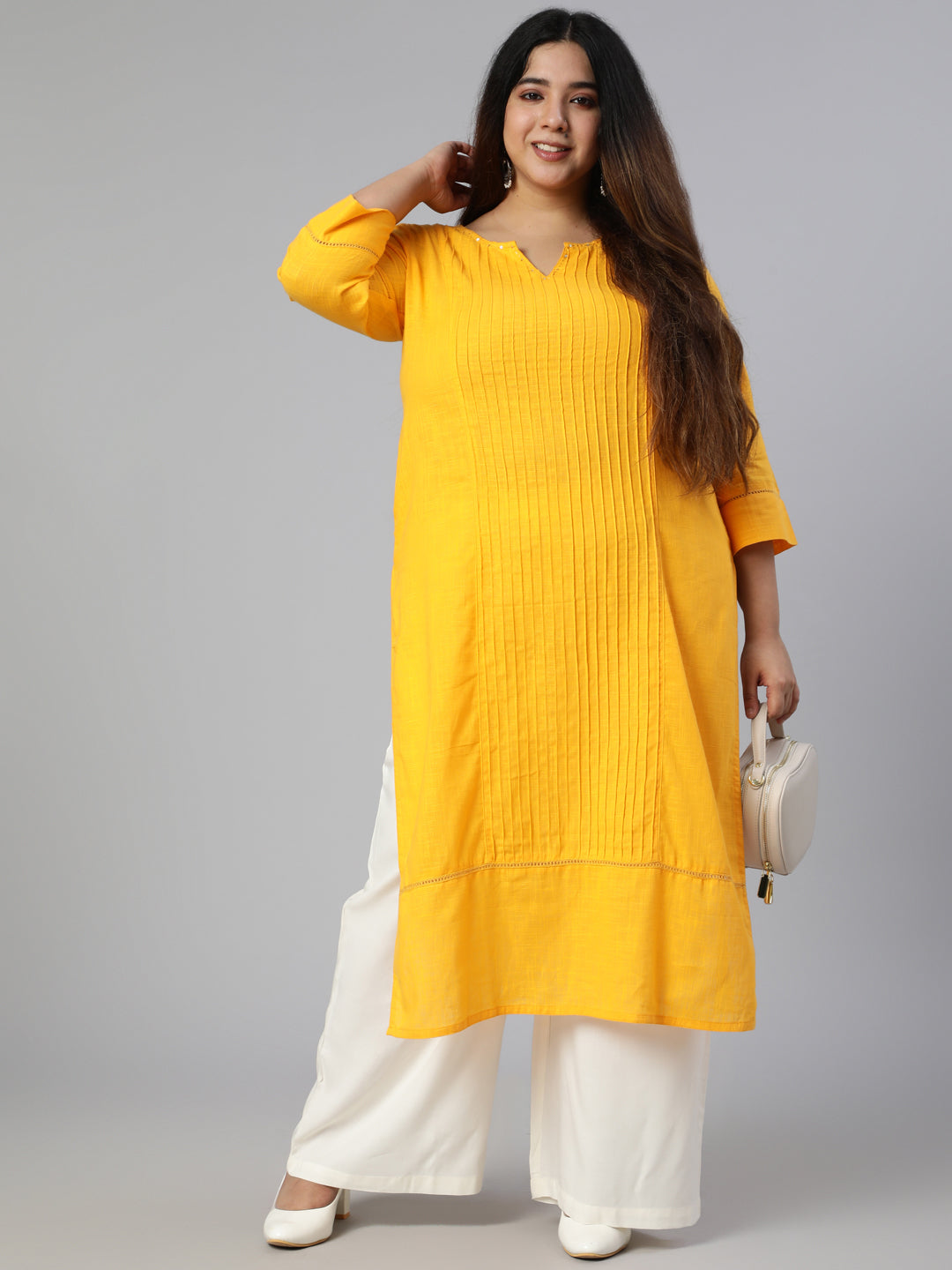 Mustard Cotton Pin Tucks Straight Kurta With Palazzo