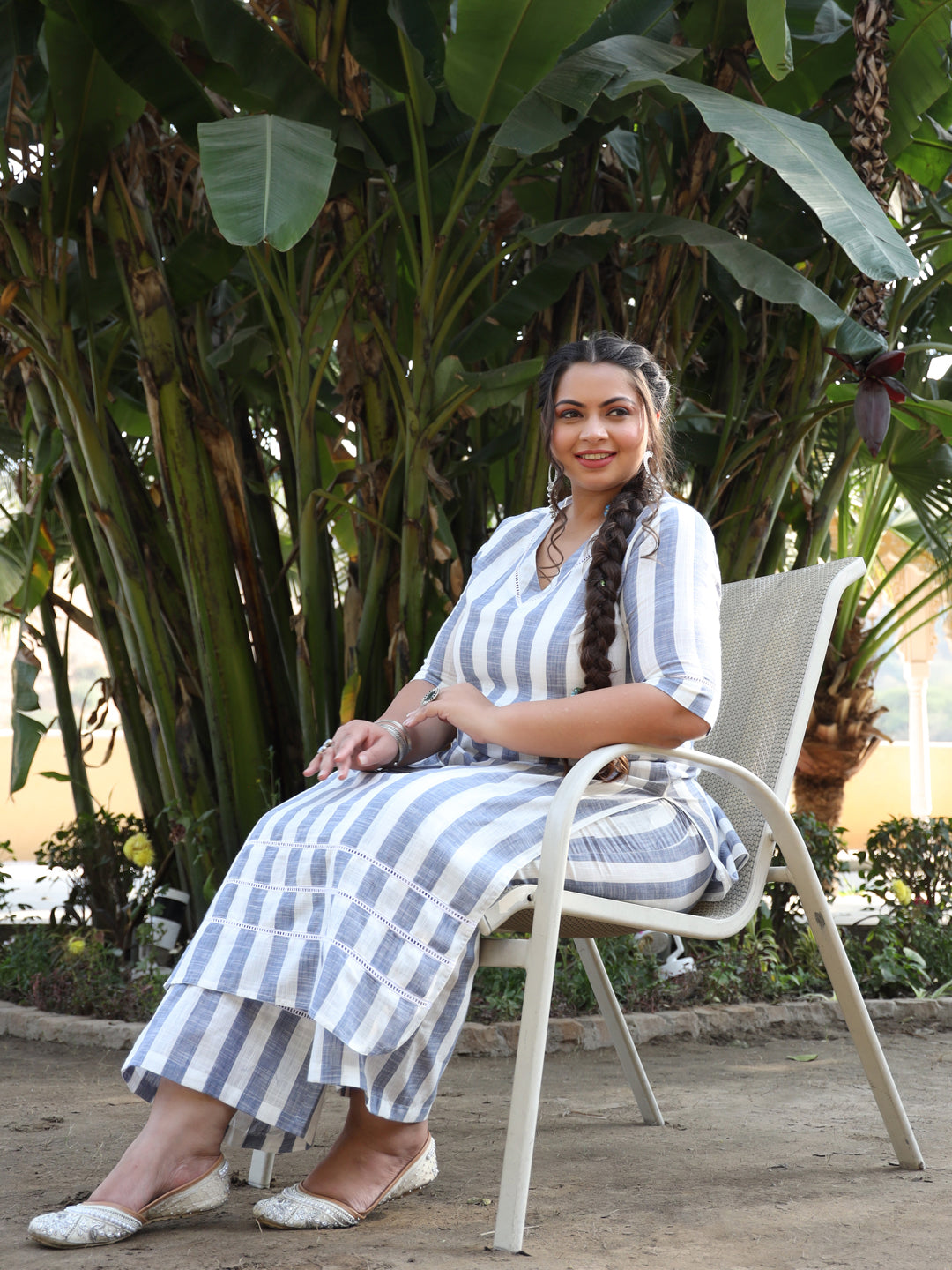 White & Blue Striped Cotton Yarn-Dyed Kurta With Palazzo